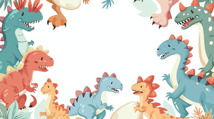 Cartoon round frame of little cute happy dinosaurs 