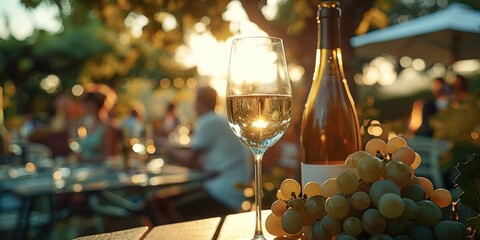 Summer garden with table on which there is a glass with sparkling white wine and an open bottle with a few happy people enjoying their drink. Generative AI.