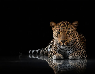 bonito leopardo agachado con un fondo oscuro