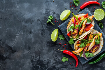 Vibrant Mexican tacos with fresh ingredients on a dark concrete background in a top view style - obrazy, fototapety, plakaty
