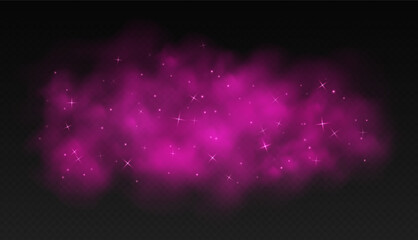 Naklejka premium Pink magic smoke with stars and sparkles, fog with glowing particles, colorful vapor with star dust. Fantasy haze overlay. Vector illustration.