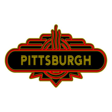 recommend clip art: A retro marquee type sign with the words - PITTSBURGH. The sign features bright orange with gold trim, PITTSBURGH is displayed with a multi-line font that might suggest neon. Art Deco. Vintage.