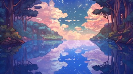  Serene lake reflecting celestial sky in mystical canopy