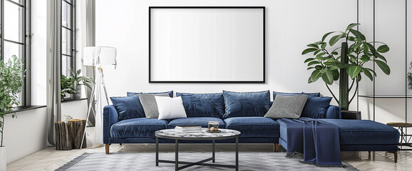 Elegance meets simplicity in this contemporary living room, boasting a navy blue sofa against clean white walls, with an empty frame inviting personal expression.