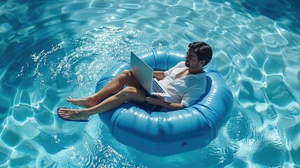 A man works with a laptop on an inflatable blue raft in the form of a hexagon on the surface of the pool. top view. Generative AI. - obrazy, fototapety, plakaty