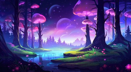 Magical meadow with glowing mushrooms in seasonal transition - obrazy, fototapety, plakaty