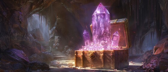 An epic treasure chest filled with glowing purple crystals.