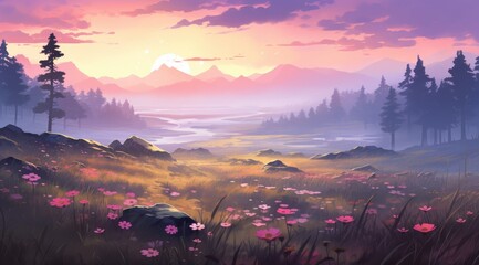 Mystical misty meadow with vibrant dawn flowers