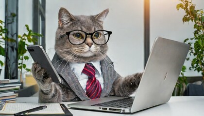 ノートパソコンと携帯で仕事をする猫