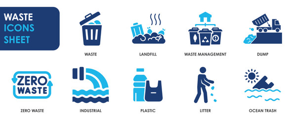 Waste icon set. Containing recycling, litter, trash and so on. Flat rubbish and dump icons. © Parbat