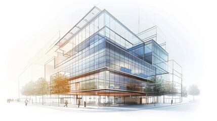 Sketch of a modern glass-walled office building  AI generated illustration