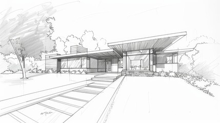 Sketch of a retro mid-century modern house  AI generated illustration