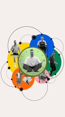 Perfect time management and equal life priorities. Man balancing between family, leisure and work lifestyle. Contemporary artwork. Concept of business, work and life balance, parenthood, employment