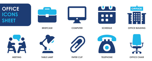 Office icon set. Containing briefcase, desk, computer and so on. Flat office related icons set.