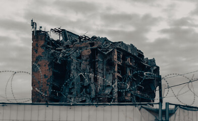 destroyed and burned houses in the city Russia Ukraine war