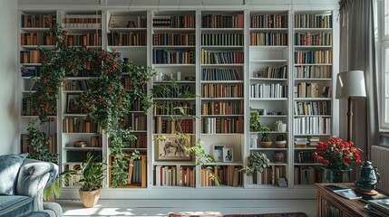 White wooden bookcase filled with books in a home setting. Generative AI. - obrazy, fototapety, plakaty
