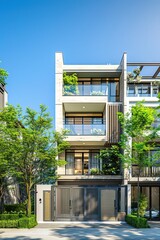 Front view of modern style of small narrow three-story apartment building, with big balconies, trees around building, blue sky background. Real estate concept