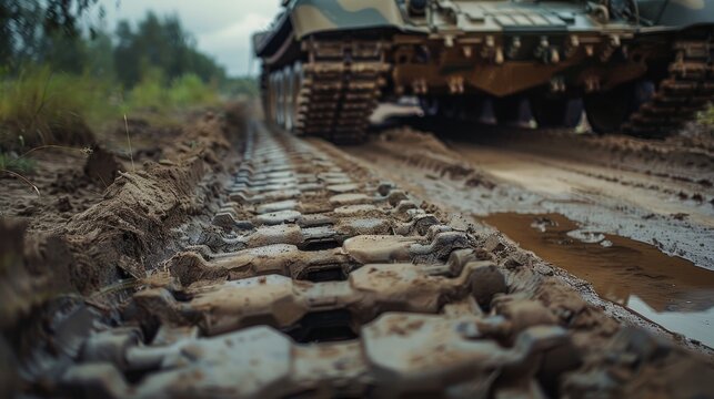 Tank tracks rolling over rough terrain  AI generated illustration