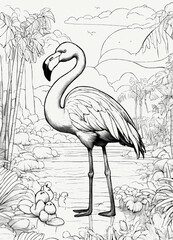 Fototapeta premium flamingo on the beach, drawing,bird, flamingo, animal, crane, nature, vector, wildlife, pink, illustration, heron, silhouette, beak, birds, beautiful, water, wild, zoo, feather, white, black, tropical