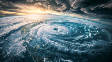 Hurricane Florence looms over the Atlantic Ocean in this satellite view, resembling a super typhoon with its distinctive eye at the center. This atmospheric cyclone is captured from outer space, with  - obrazy, fototapety, plakaty