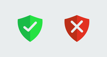 Check mark icon with shield. Accepted, rejected, approved, disapproved, right, wrong, correct, false, true, done symbols.