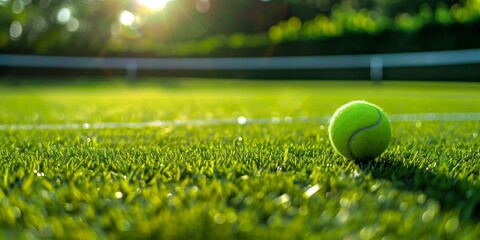 A tennis ball is sitting on the grass of a tennis court