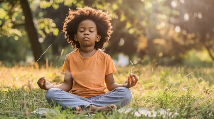 A cute child practicing deep breathing exercises or meditation, promoting mental well-being and stress management for overall health