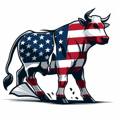 Cow Wear USA Top Hat, 4th of July patriotic American flag, Cartoon Clipart Vector illustration, Independence day themed Mascot Logo Character Design, presidential election