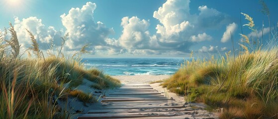 A wooden walkway leads through a grassy sand dune to a bright sunny beach with blue ocean waves.