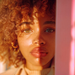 Obraz premium Portrait of young African American woman with curly hair standing behind a pink wall in a shadow