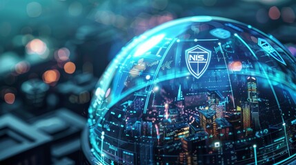 Illustrate a digital city under a protective dome with symbols of the NIS2 Directive and Cyber Resilience Act engraved on it, signifying the security and compliance umbrella these regulations provide  - obrazy, fototapety, plakaty
