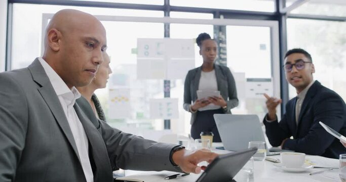 Business people, meeting and manager speaking with digital tablet for schedule, agenda and workflow management. Professional executive, auditor or analyst with group of employees talking and planning