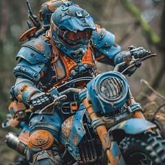 AI-generated illustration of a motorcyclist in blue and orange gear - obrazy, fototapety, plakaty