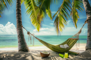 Hammock tied between two palm trees on a sandy beach at sunrise with calm ocean in the background