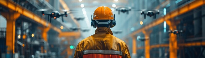 AIPowered Safety Inspectors, Design a system where AI drones monitor a futuristic factory, identifying potential hazards and proactively addressing them before accidents occur - obrazy, fototapety, plakaty
