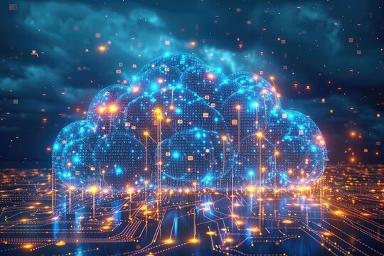 Reseau de neurones gerant le cloud computing, visualisation de lIA comme un cerveau connectant des donnees