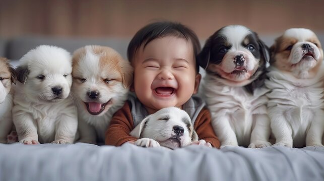 A laughing baby in sheer joy amongst a group of playful puppies, sharing a moment of pure happiness.