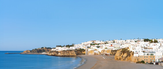 Algarve, Portugal - Panoramic view os Pescadores beach in Albufeira - Summer vacations concept.