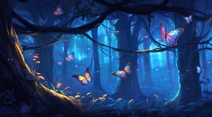 Enchanted forest haven with giant astral butterflies among mystical trees - obrazy, fototapety, plakaty