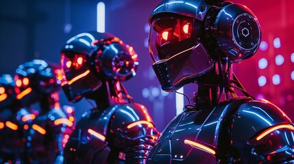 A squad of robot soldiers standing in formation. - obrazy, fototapety, plakaty