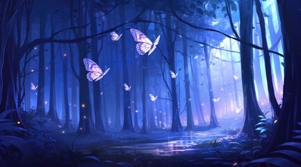 Enchanted forest haven with giant astral butterflies among mystical trees