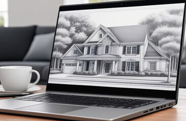 Pencil sketch of a house on a laptop screen