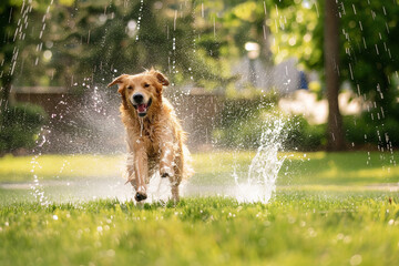 A Golden Retriever jumping happily through a sprinkler.