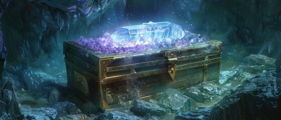 A wooden chest covered in barnacles and other assorted sea life sits on the ocean floor, open and filled with glowing crystals. - obrazy, fototapety, plakaty