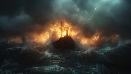 Stormy Seas: Noah's Ark Floating Amidst Turbulent Waters. Biblical Artistic Interpretation