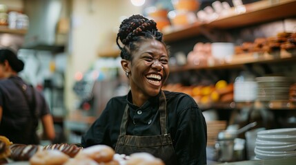 Bakery Employee Sharing Funny Story with Coworkers - obrazy, fototapety, plakaty