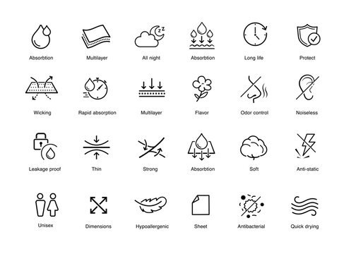 Set icons for functional fabric, clothing. The outline icons are well scalable and editable. Contrasting vector elements are good for different backgrounds. EPS10.