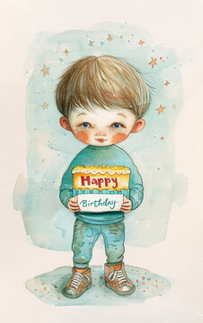 illustration captures a young boy with bright, expressive eyes, presenting a "Happy Birthday" sign
