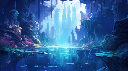 Sapphire grotto with glowing crystals, magical seasonal ambiance - obrazy, fototapety, plakaty