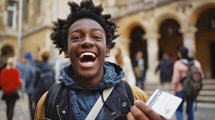 Happy college student holding credit card - obrazy, fototapety, plakaty